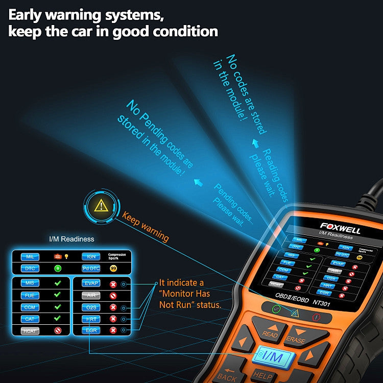 FOXWELL NT301 OBD2 code reader tool with on-screen warnings interface