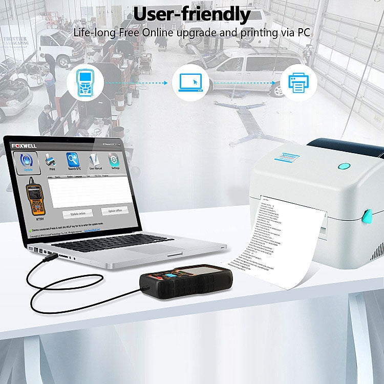 FOXWELL NT301 OBD2 code reader connected to PC for updates and printing