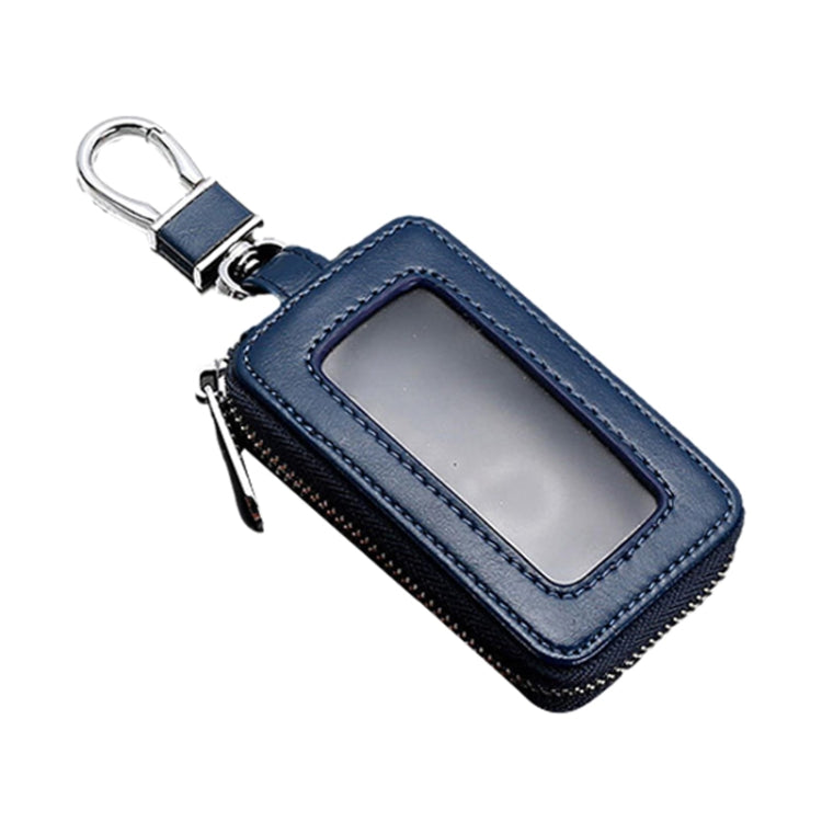 Royal blue key fob case with transparent window and metal key ring, zippered closure