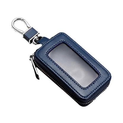 Royal blue key fob case with transparent window and metal key ring, zippered closure