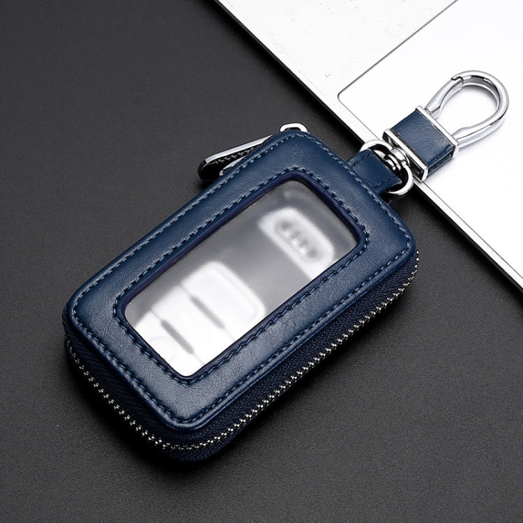 Royal blue key fob case with clear window and zipper, showing folded key insert