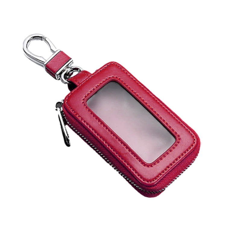 Claret red key fob case with transparent window and metal key ring, zippered closure
