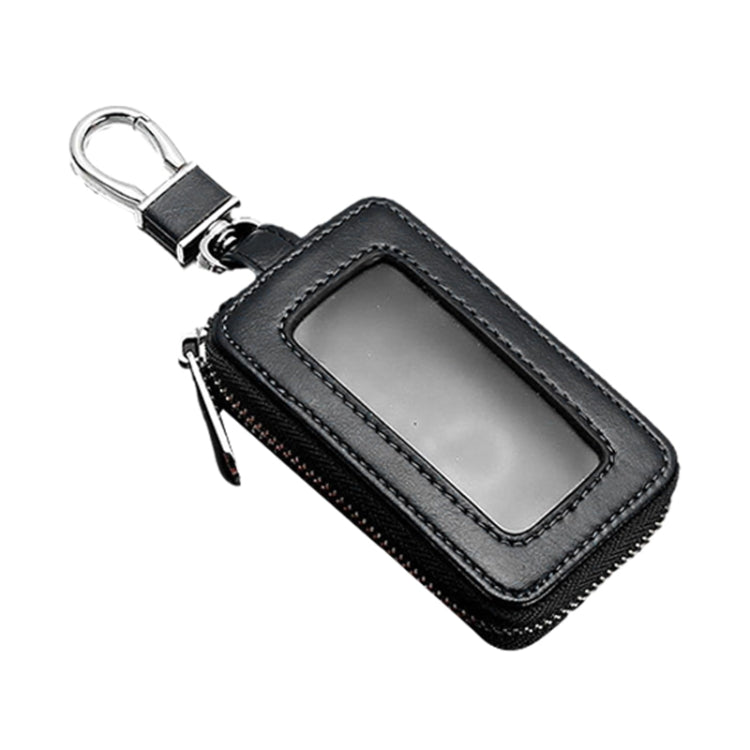 Black key fob case with transparent window and metal key ring, zippered closure
