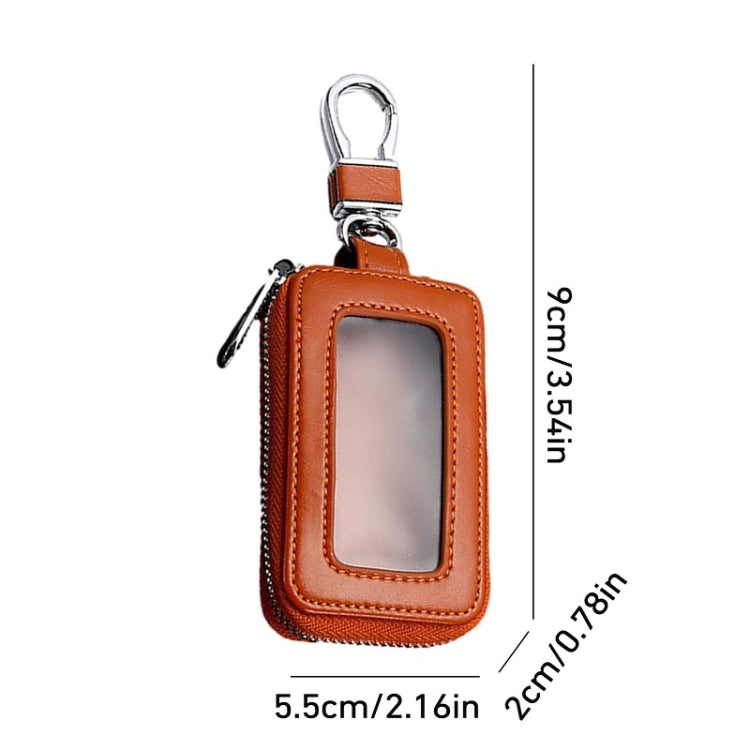 Yellow key fob case with transparent window and metal key ring, compact size