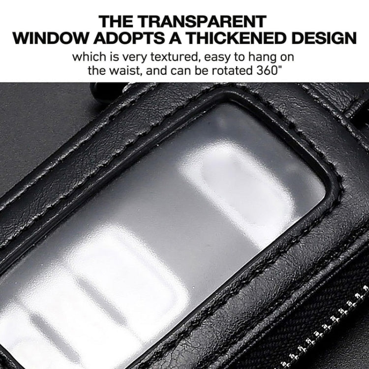 Black key fob case with clear window and stitched edges around the zipper