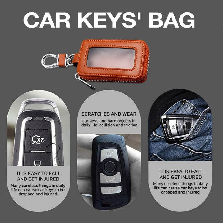 Car key fob zipper key case with clear window and metal keyring, brown leather
