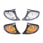 Front corner parking/turn signal lights set, clear and amber lenses with black housing