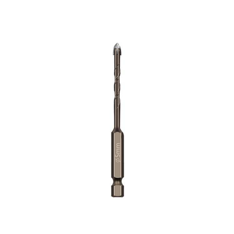 Hex shank spiral flute drill bit for glass and tile, dark metal, angled close-up