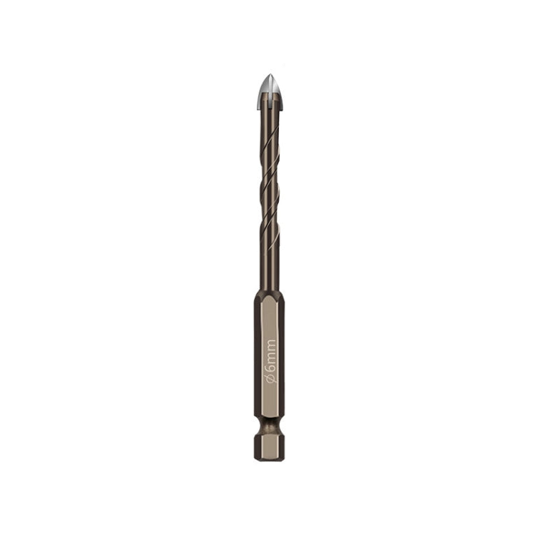 Hex shank spiral flute drill bit for glass and tile, dark metal, tip and shank view