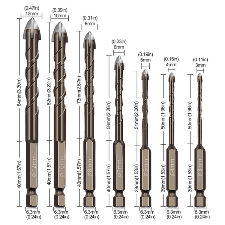 Hex shank spiral flute drill bits shown with size measurements for glass and tile