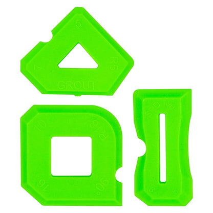 Green silicone glue scraper set with triangular, square, and slotted scraper heads