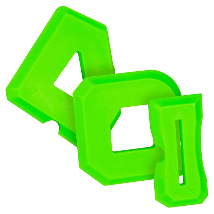 Green silicone scraper set with angled head, square grip, and long slotted blade
