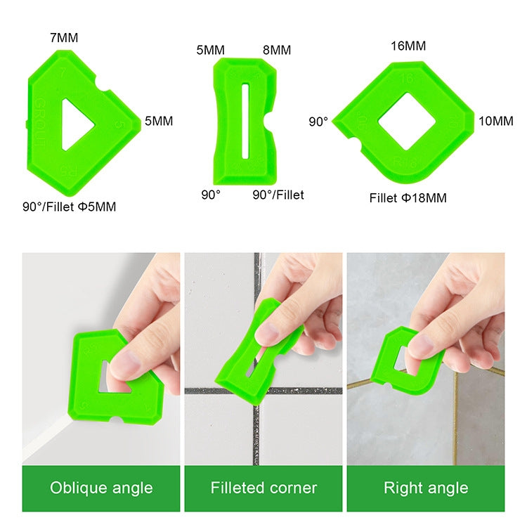 Green silicone scraper heads with varied widths and angle options for grout lines and fillets