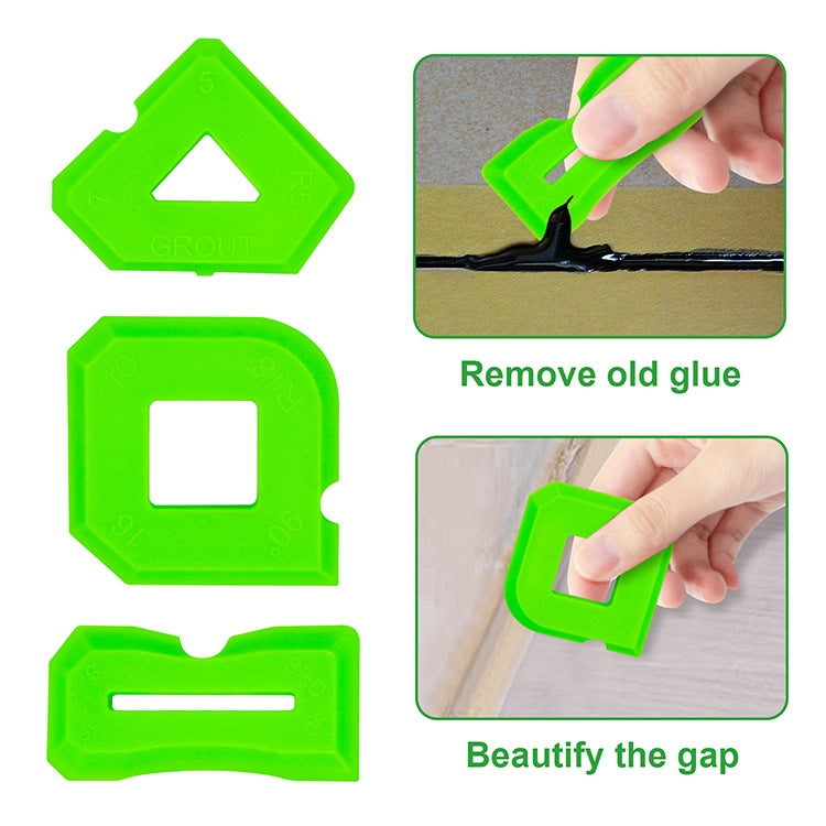 Green silicone scraper heads for removing old glue and smoothing gaps on tile edges