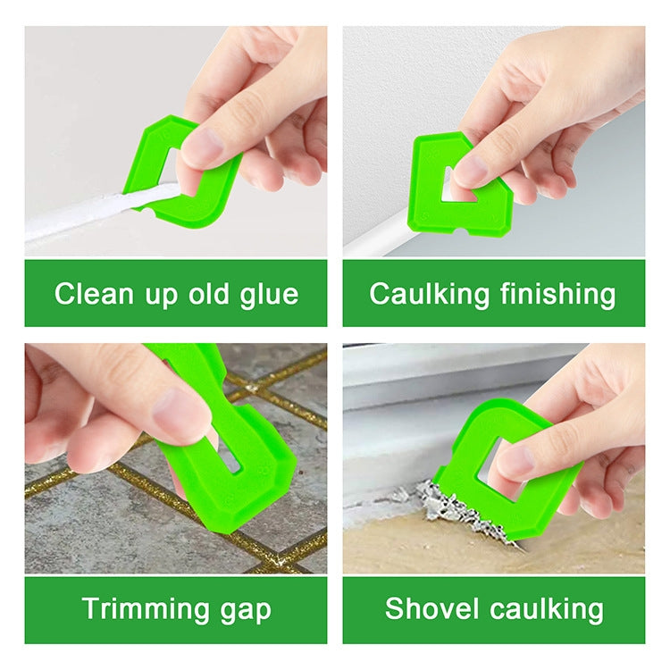 Green silicone scraper tools for cleaning old glue and finishing caulk along edges