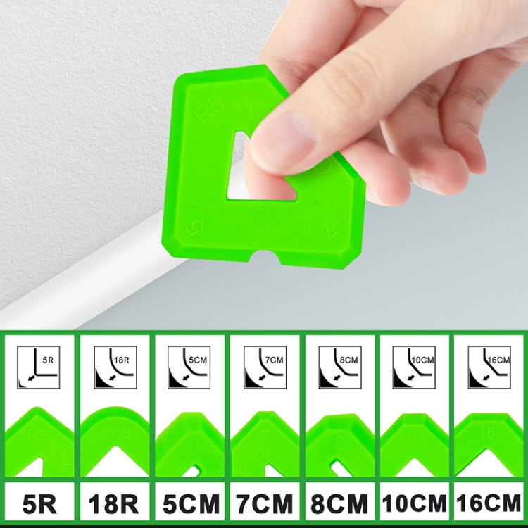 Green silicone corner scraper with triangular opening and size guide icons