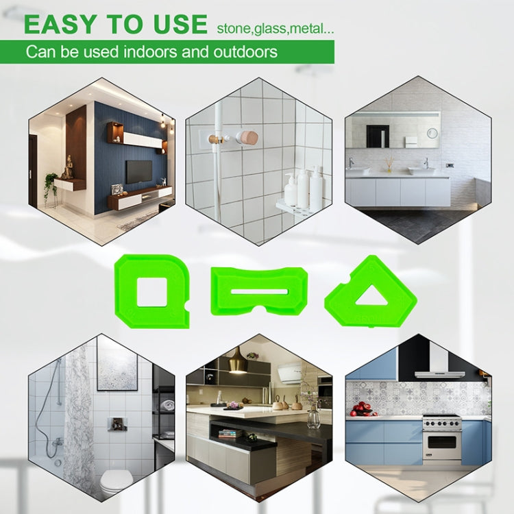Green silicone grout and glue scraper set with multiple heads for stone, glass, and metal