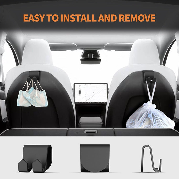 Tesla Model 3/Y rear seat headrest hooks holding hanging bags on the back seats.