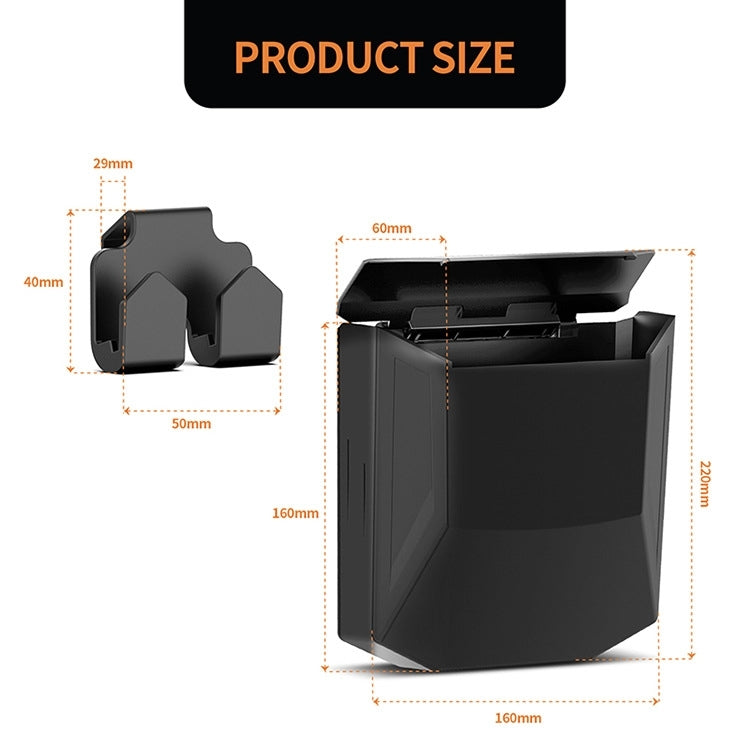 Set of two black front seat storage box hooks with size diagram