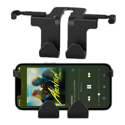 Black car phone holder with two side hooks and dual bottom grips