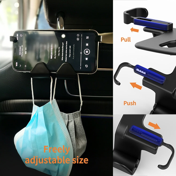 Black car phone holder with push-pull adjustment and blue locking sliders