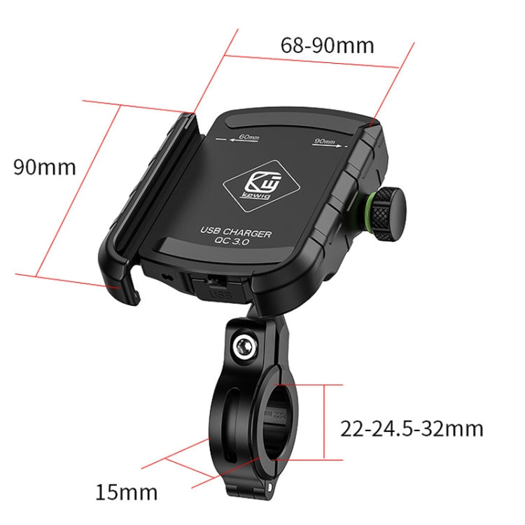 Black aluminum bike phone mount, adjustable 22.4–32mm cradle fit, 68–90mm width