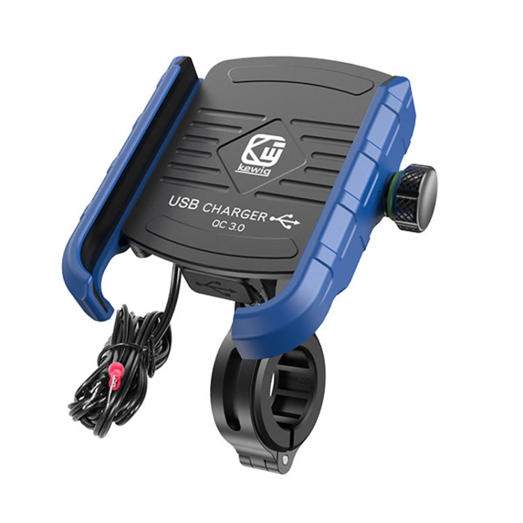 Blue motorcycle phone holder with built-in USB charger and clamp mount