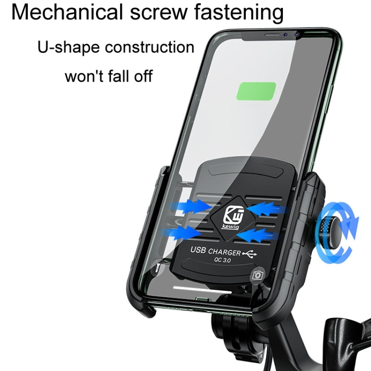 Motorcycle phone holder with U-shaped clamp and USB charger cradle