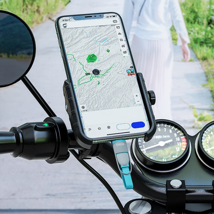 Motorcycle phone holder with USB charging cable mounted on handlebar