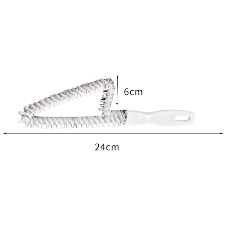 Window trough crevice brush with white handle and dense scrubbing bristle head
