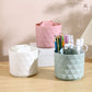Desktop organizer set with white and pink buckets plus light green pen and brush holder