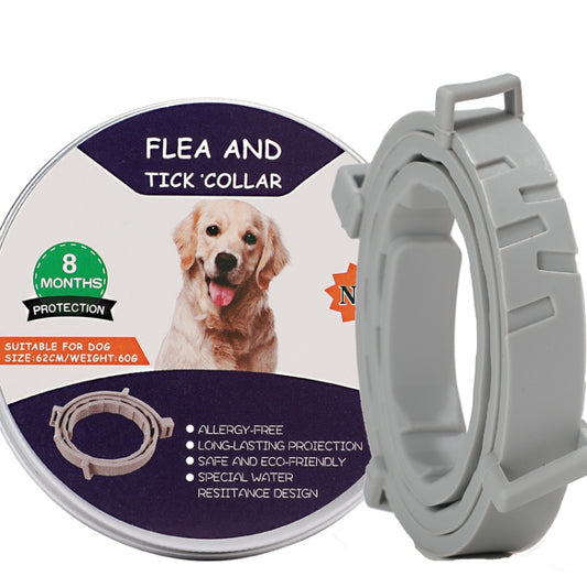 Gray flea and tick collar for dogs and cats with plastic aluminum-style case