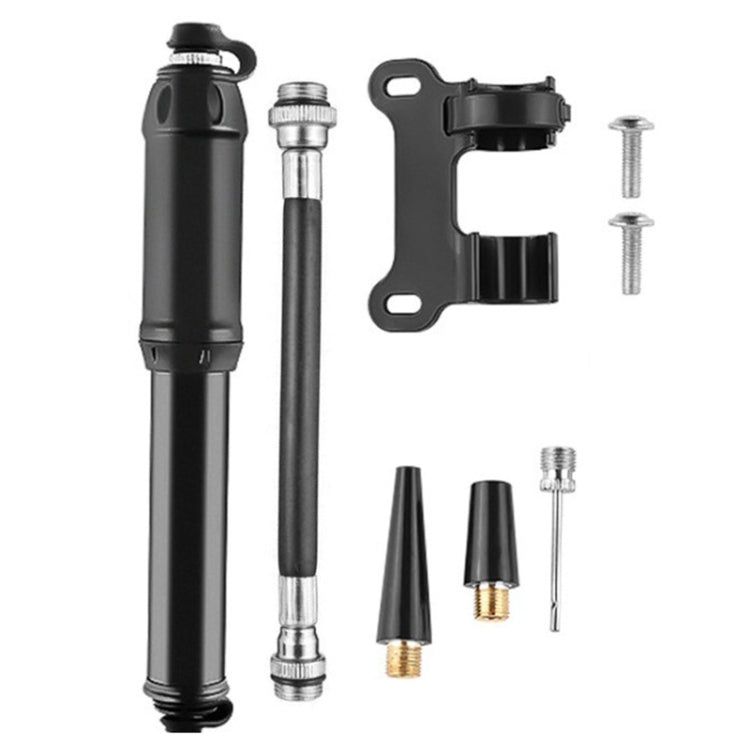 Mini portable bike air pump with mounting bracket and valve adapters, black