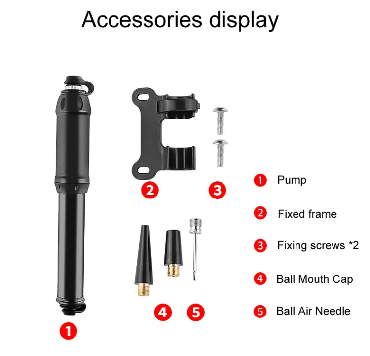 Bike air pump kit with pump, frame mount, screws, ball mouth cap, and needle