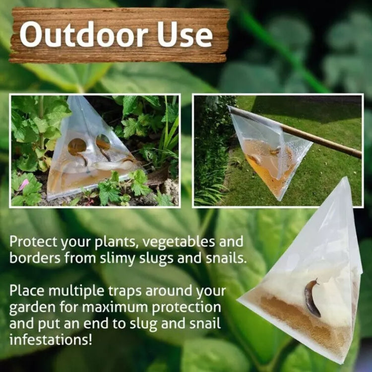 Transparent triangular snail/slug trap bags outdoors on grass and soil