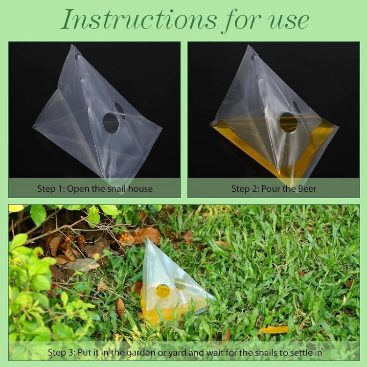 Transparent triangular snail/slug trap bag showing yellow bait inside