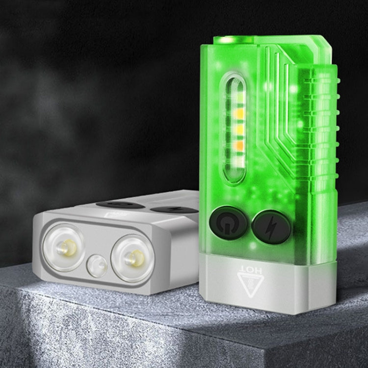 Portable keychain mini flashlight with glowing green translucent shell and dual buttons