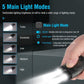 Black rechargeable keychain flashlight showing multiple brightness mode icons