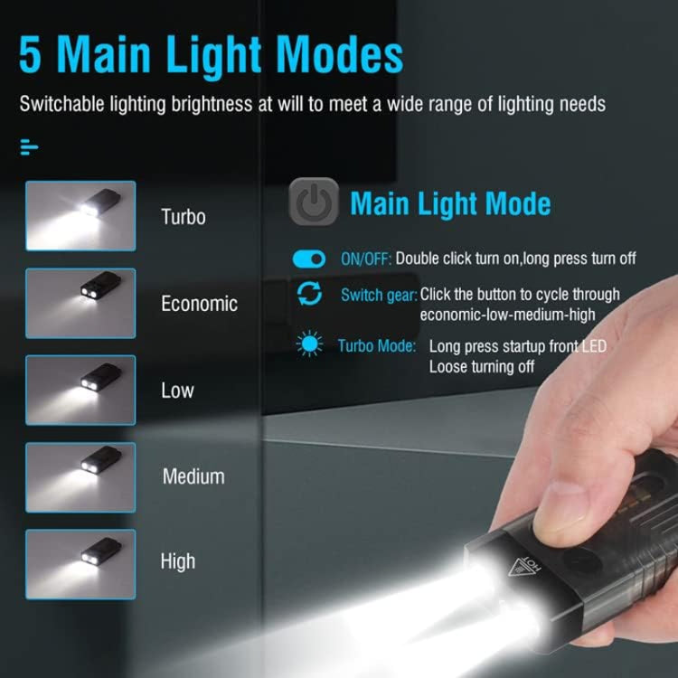 Black rechargeable keychain flashlight showing multiple brightness mode icons