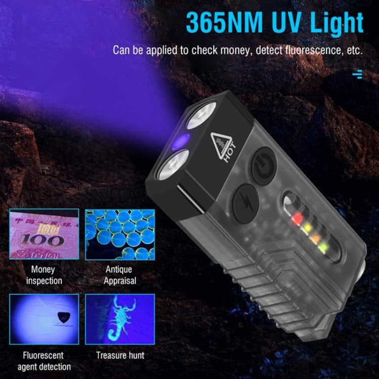Gray keychain flashlight with bright LED and UV light capability label