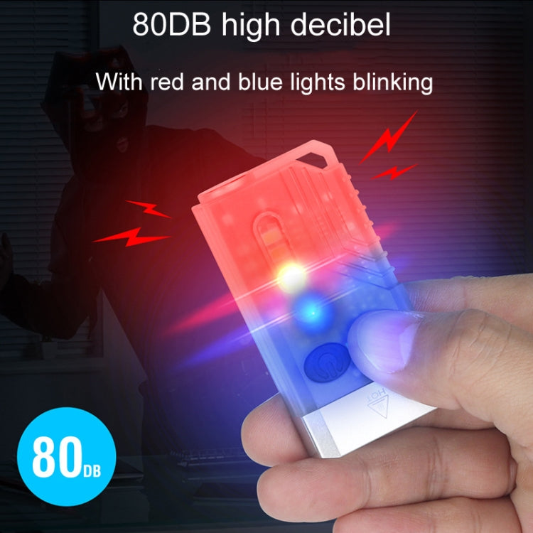 Compact keychain flashlight with red and blue blinking lights held in hand