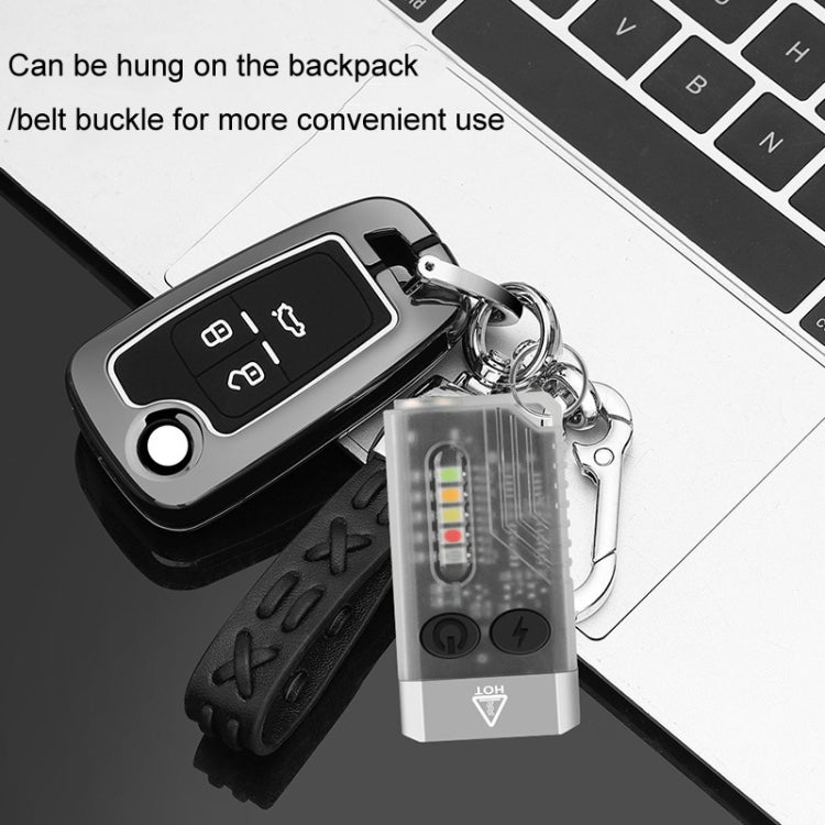 Keychain mini flashlight with adjustable strap and keyring, clear window, black and gray