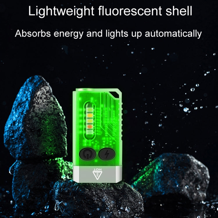 USB rechargeable keychain flashlight with neon-green translucent shell and dual buttons