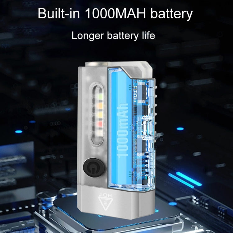 USB rechargeable keychain flashlight with transparent battery indicator window and dual buttons