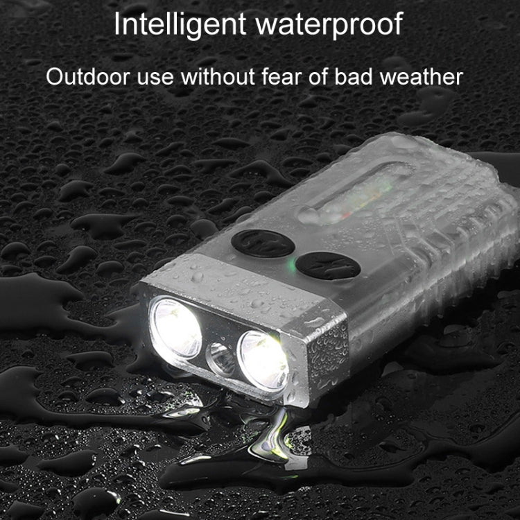 Water-resistant mini keychain flashlight with dual LEDs, compact rectangular black body