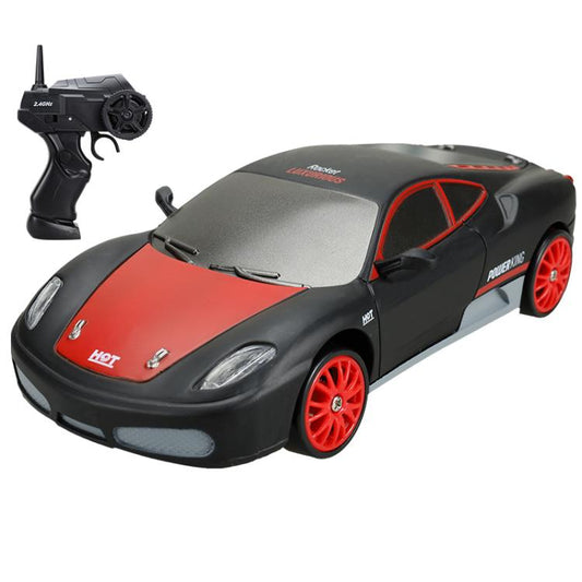 Black-and-red 1:24 RC drift racing car toy with black remote controller and red wheels