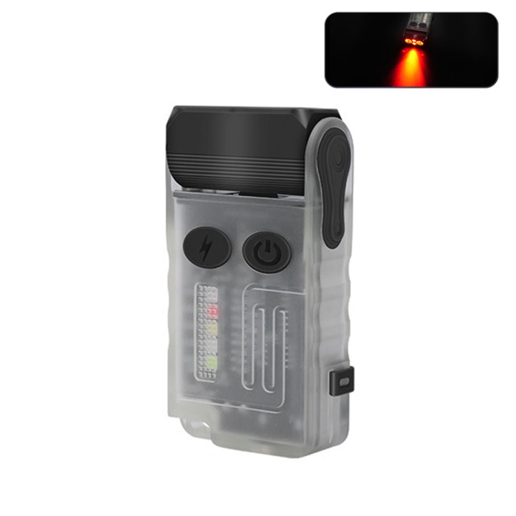 Rechargeable mini keychain flashlight with clear body, black head, red LED indicators