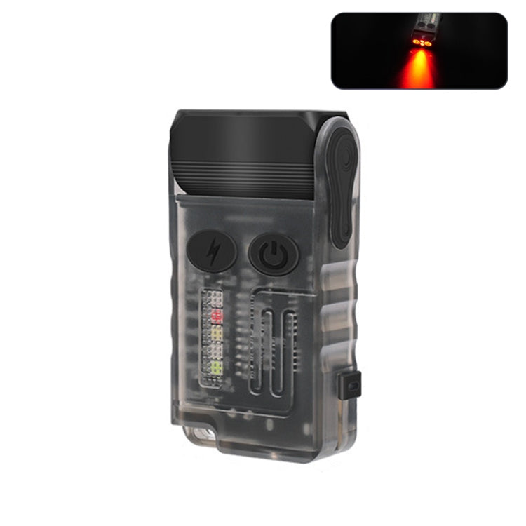 Rechargeable mini keychain flashlight with clear body and black head, red LED panel