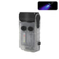 Rechargeable mini keychain flashlight with clear body, black head, purple LED light