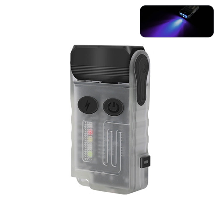 Rechargeable mini keychain flashlight with clear body, black head, purple LED light